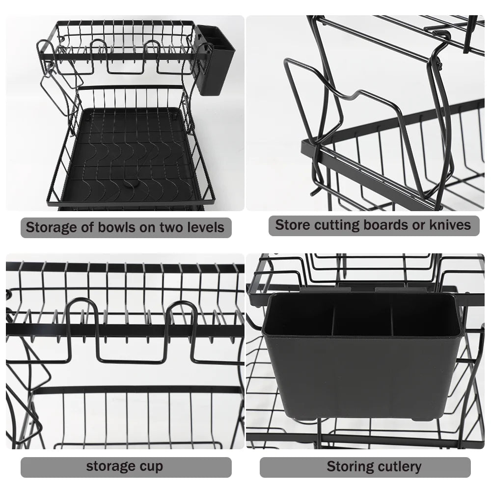 2-Tier Stainless Steel Dish Drying Rack – Over Sink Drainer with Cup & Cutlery Holders for Kitchen Organization