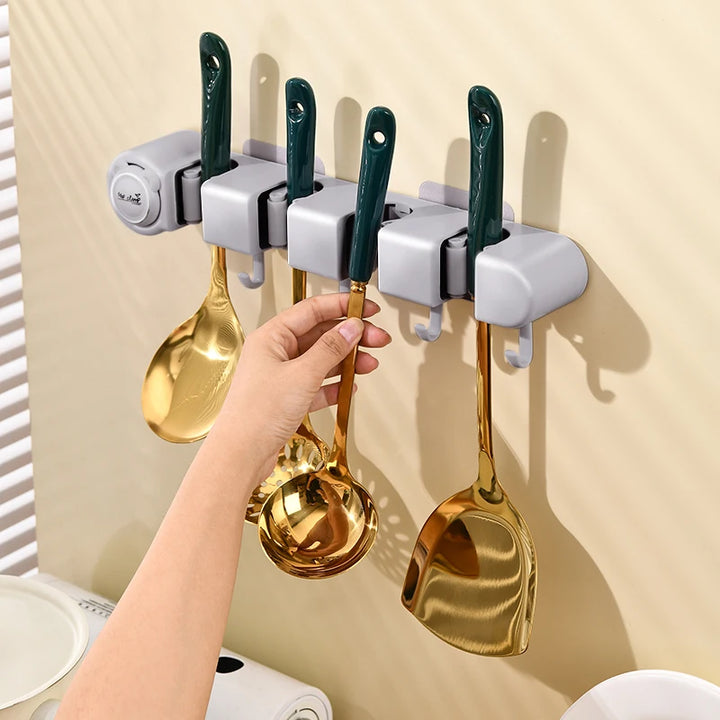 Wall Mounted Mop & Broom Holder – Multi-Clip Organizer Rack with Hooks for Kitchen, Bathroom & Garage Storage