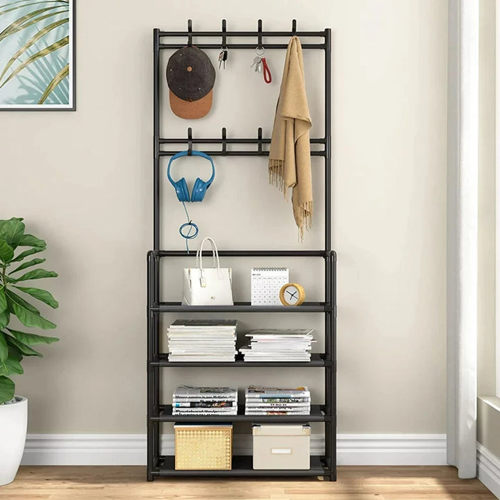 Multi-Layer Shoe & Coat Rack with Hooks – Living Room Storage & Clothes Organizer