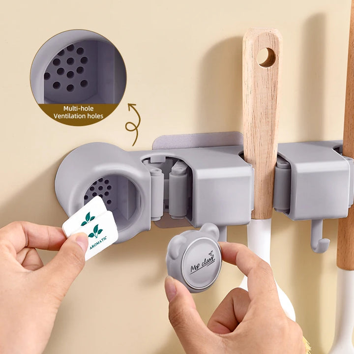 Wall Mounted Mop & Broom Holder – Multi-Clip Organizer Rack with Hooks for Kitchen, Bathroom & Garage Storage