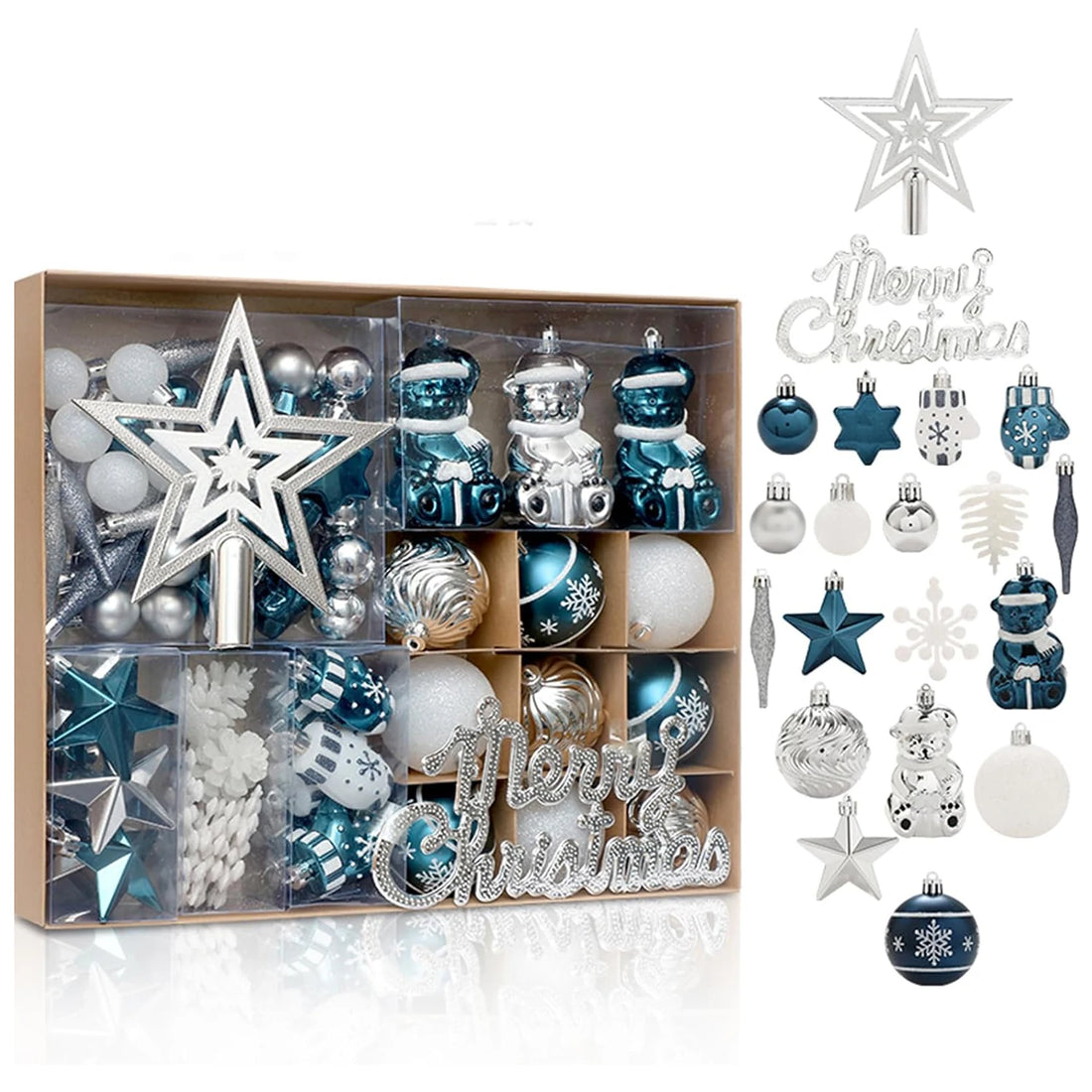 70pcs Christmas Ball Ornament Set – Shatterproof Tree Decorations with Merry Christmas Sign & Star Topper