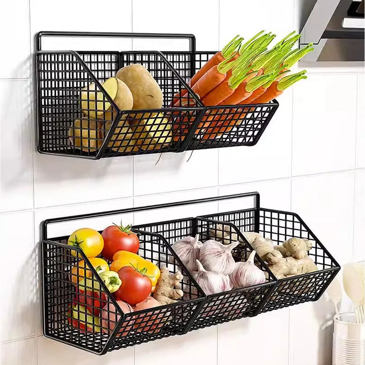 Wall-Mounted Metal Kitchen Storage Basket – Organizer for Spices, Garlic, Onions & Vegetables