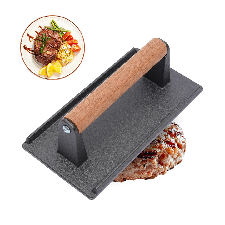 Heavy Cast Iron Grill Press – Steak, Bacon & Burger Weight with Wooden Handle, Commercial Grade