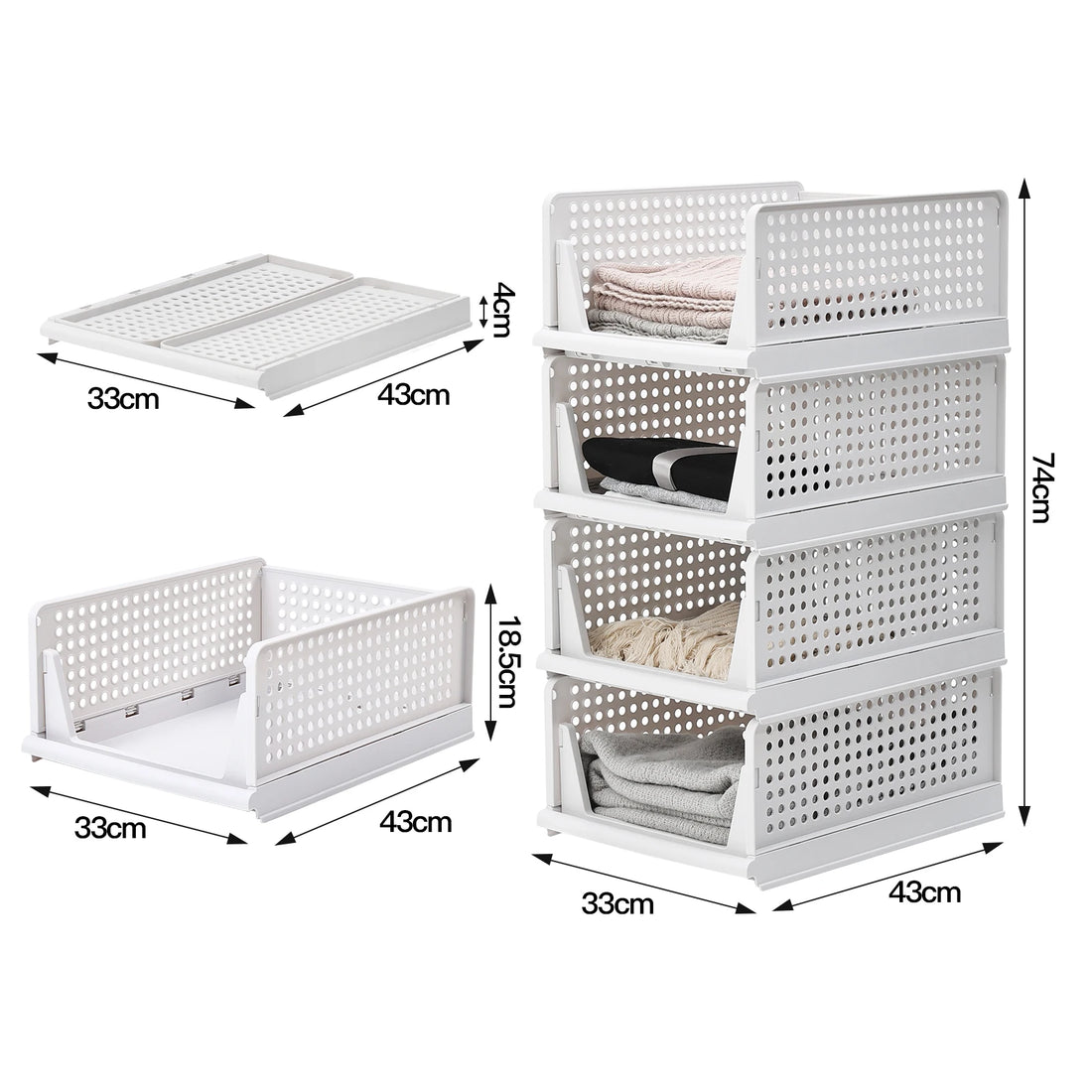 Voltsify Set of 4 Stackable PP Pull-Out Wardrobe Organiser Drawers
