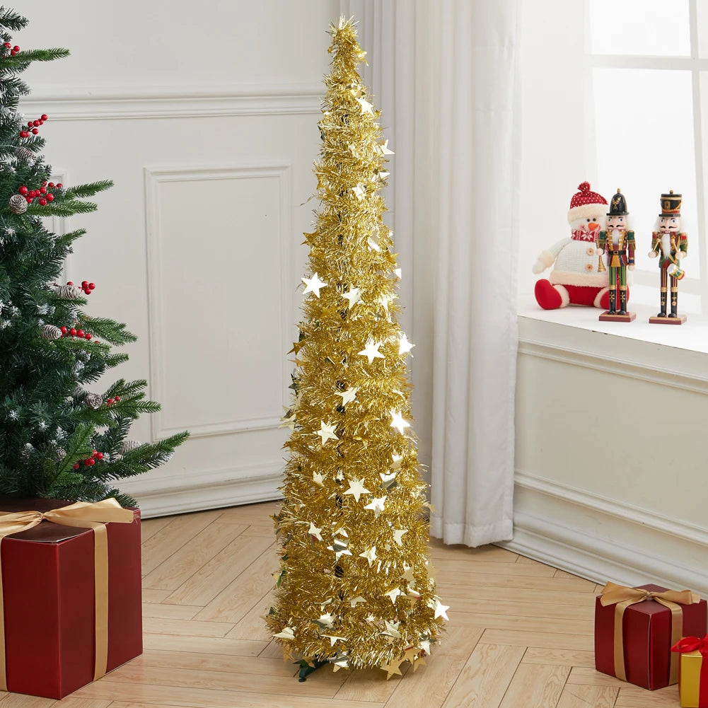 1.2M Pop-Up Tinsel Christmas Tree – Collapsible Silver Tree with Base | Voltsify