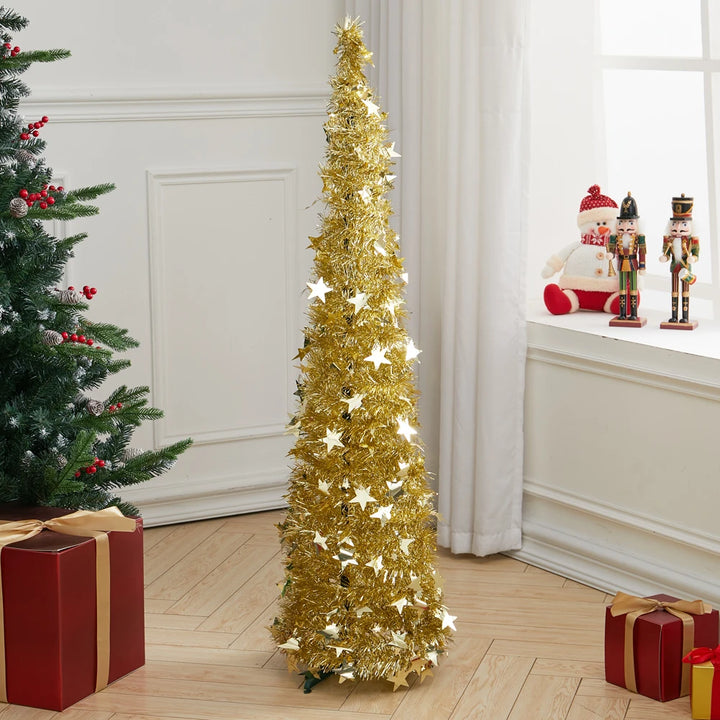 1.2M Pop-Up Tinsel Christmas Tree – Collapsible Silver Tree with Base | Voltsify