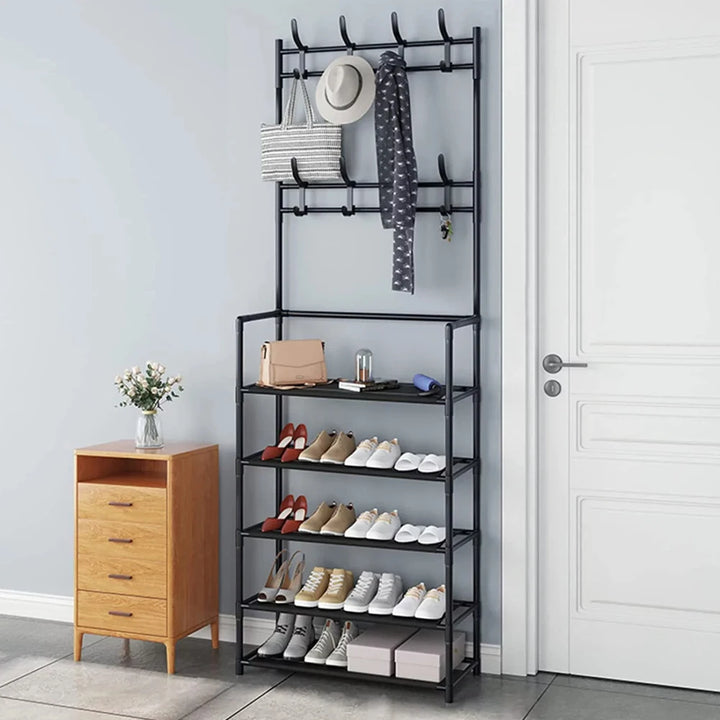 Multi-Layer Shoe & Coat Rack with Hooks – Living Room Storage & Clothes Organizer