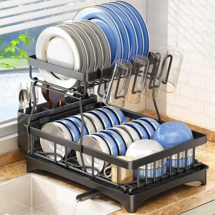 2-Tier Stainless Steel Dish Drying Rack – Over Sink Drainer with Cup & Cutlery Holders for Kitchen Organization