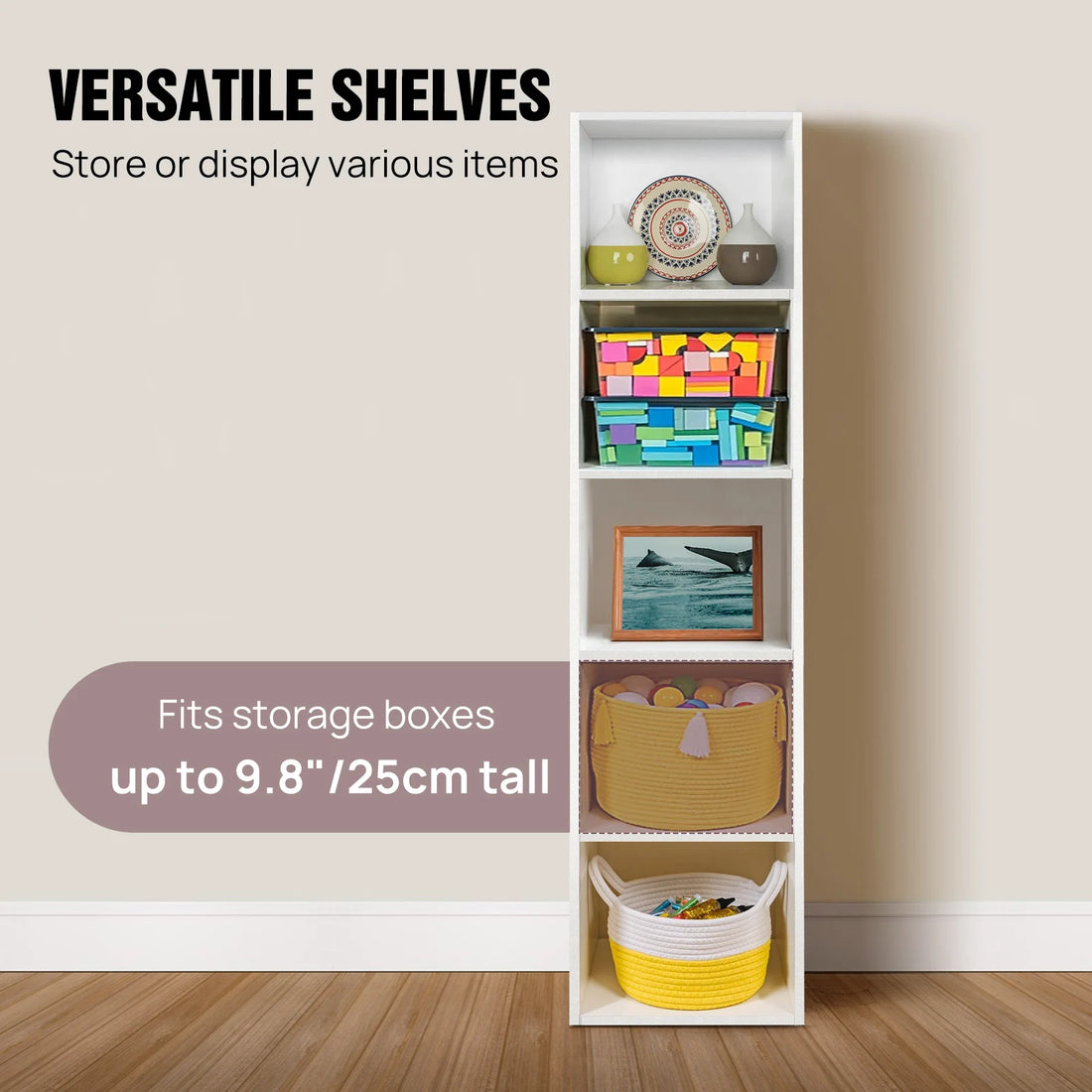 Cube Bookcase, 5 Tier Storage Cabinet, Wooden Display Shelf, Floor Standing Cabinet, Office, Living Room, Bedroom Furniture